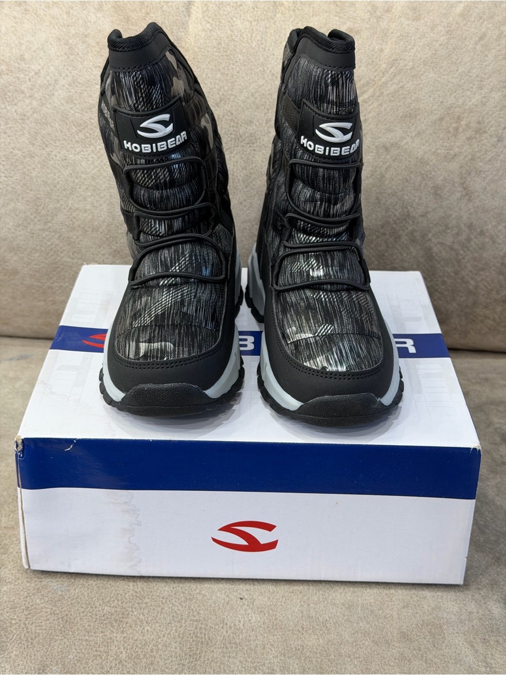 HOBIBEAR Kids Black Gray Camo Winter Snow Boots Size 32 New in Box